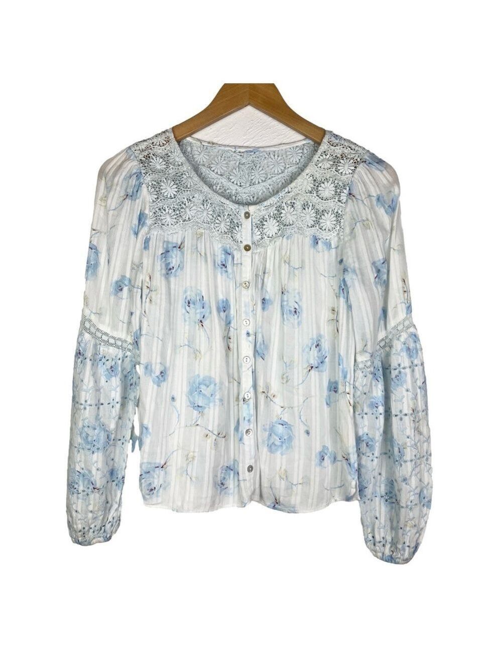 LoveShackFancy Belle Revival Blue Floral Puff Sleeve Cotton Blouse size medium - Picture 3 of 5